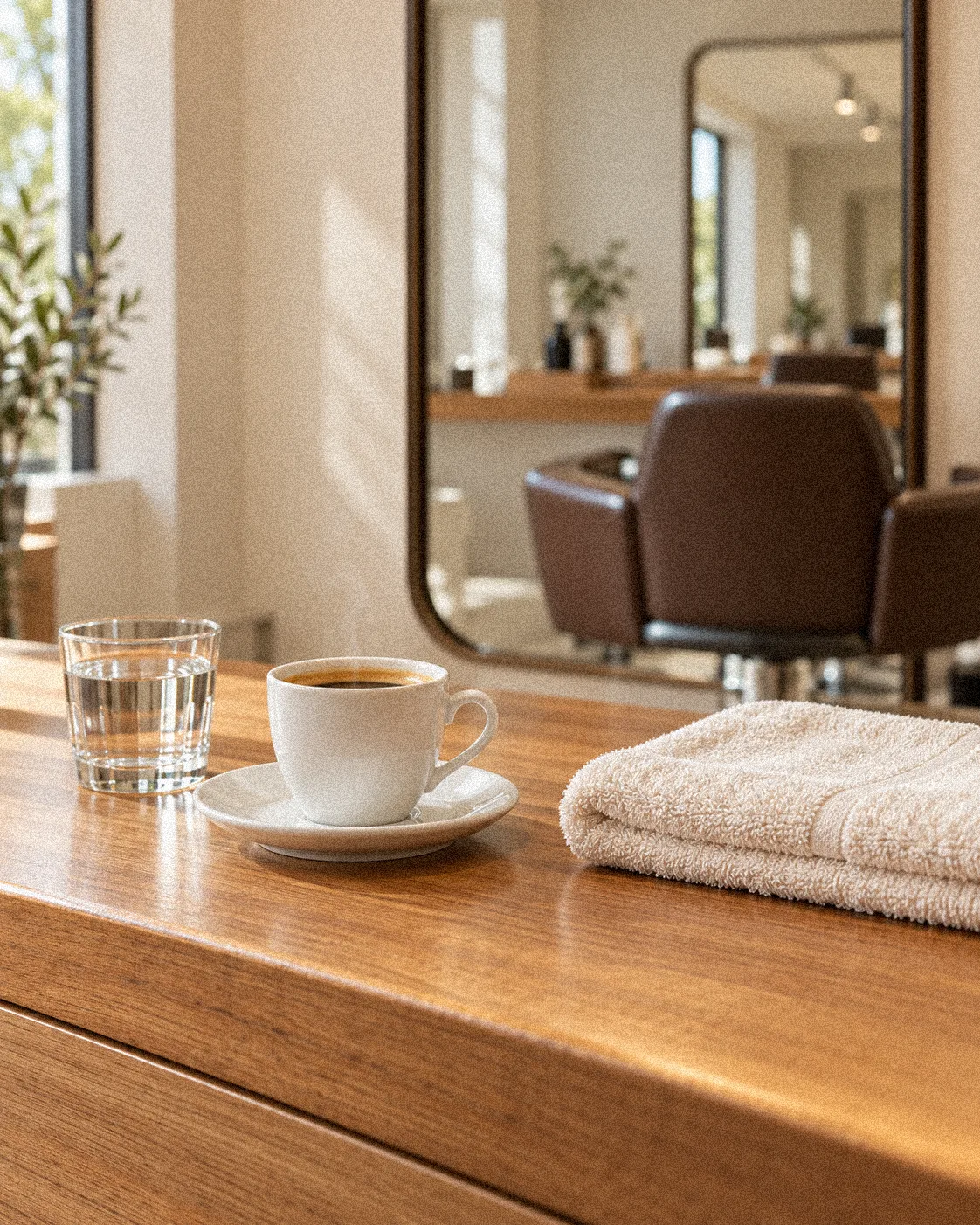 Uma xícara de café e um copo d'água sobre a bancada de madeira, com uma toalha dobrada e o espelho ao fundo.