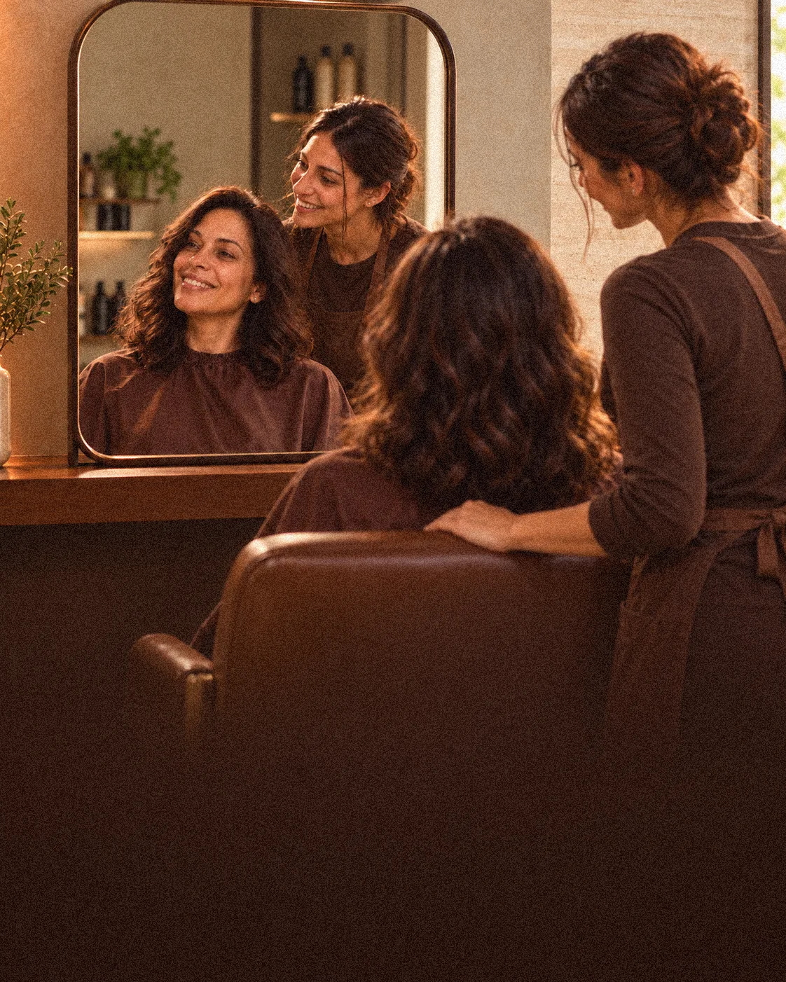 Uma cliente sorri ao ver o resultado no espelho, enquanto a profissional ajeita o cabelo dela.